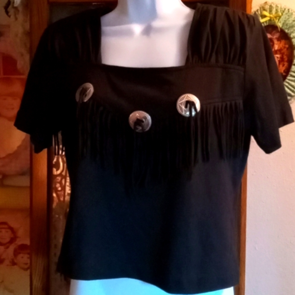 Vintage 80's,Western Style/Cowgirl, Crop Top with Fringe & Silver Concho Detail
